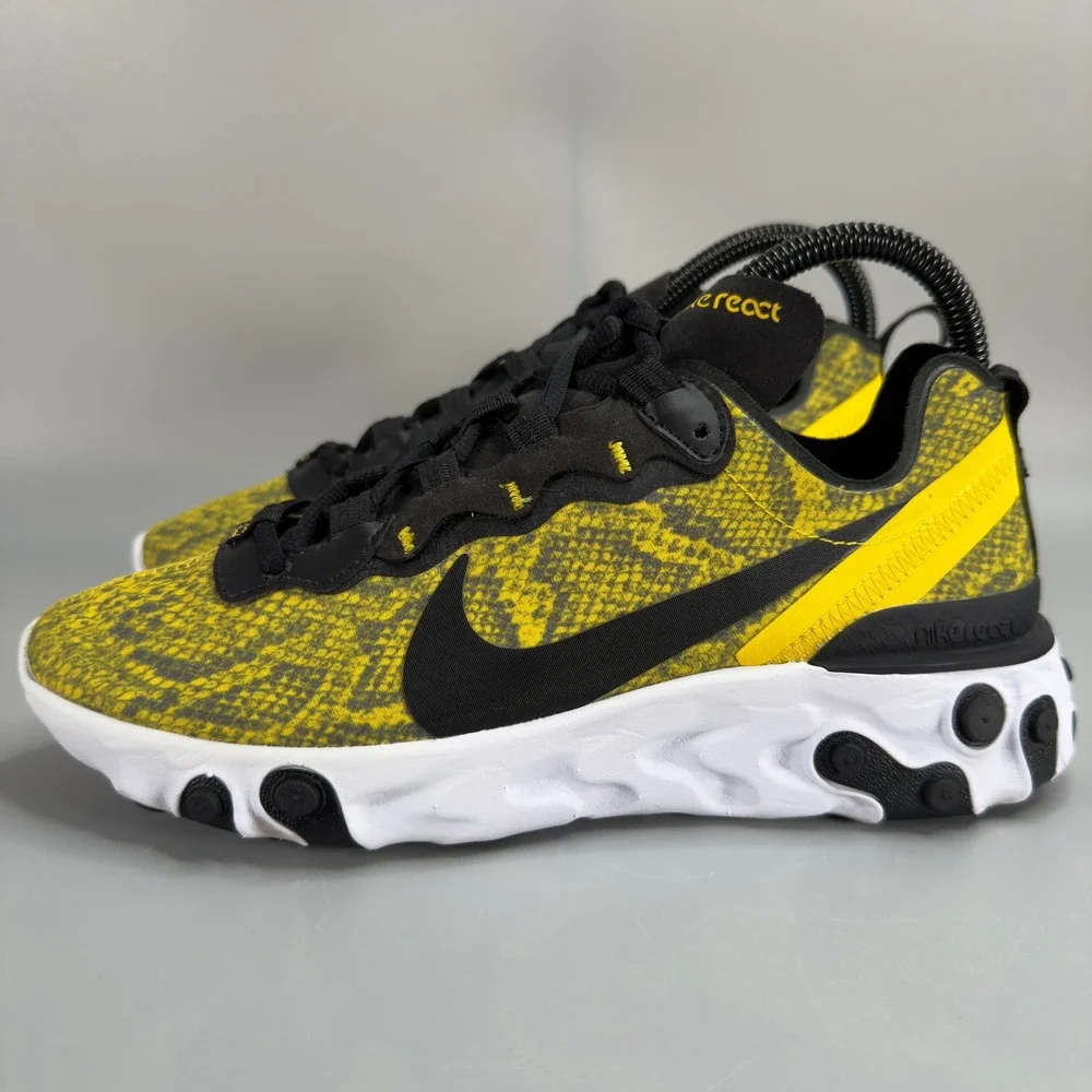 Nike React Element 55 Womens 7 Running Shoe Yellow Black White Snakeskin Sneaker